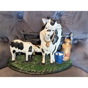 Vintage Cast Iron Cows in the Pasture Door Stop 11"  Farmhouse Decor